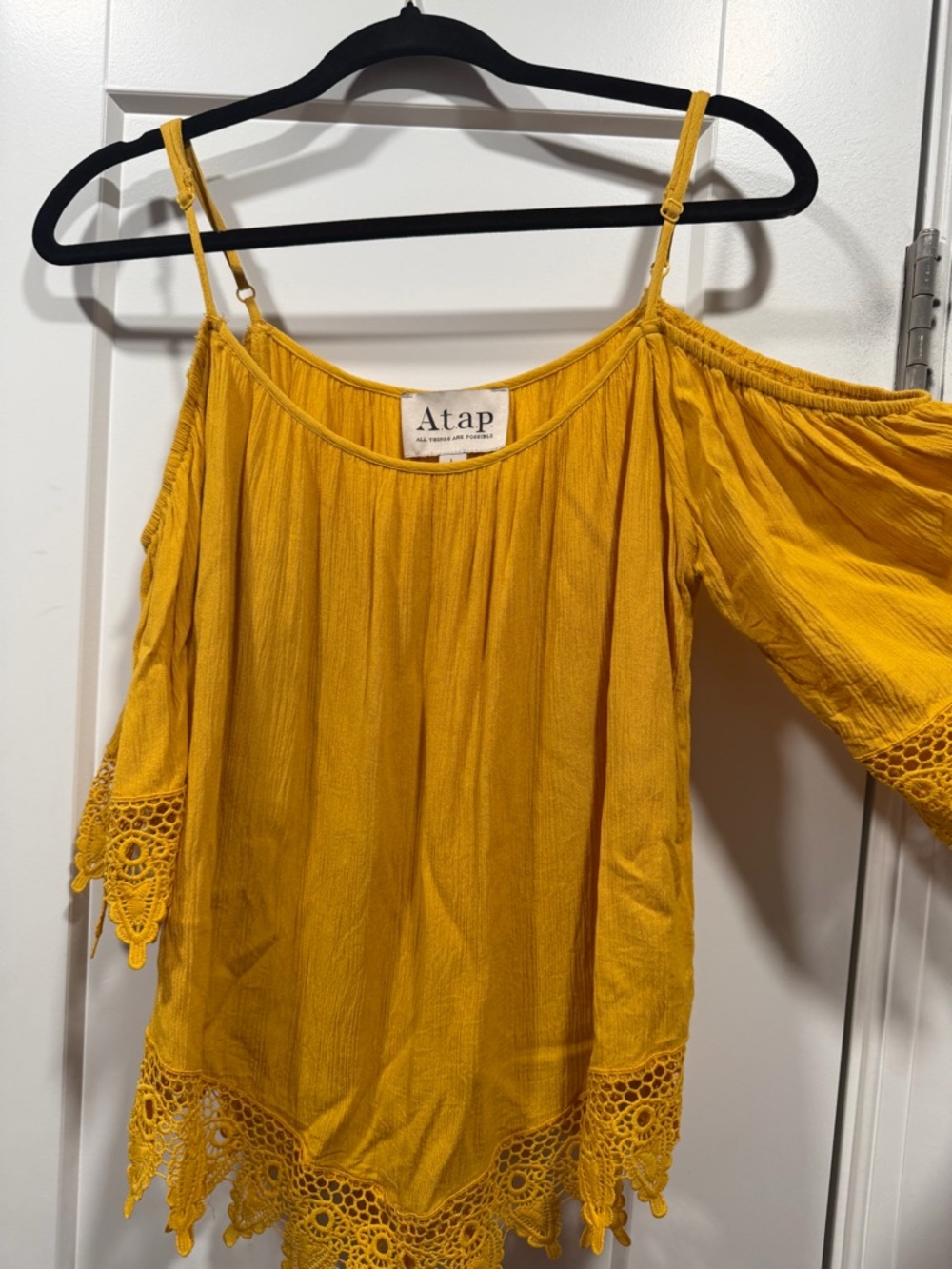 Mustard Yellow Cold-Shoulder Crochet Hem Top